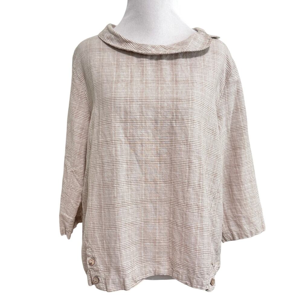Lintico Linen Top L Beige Micro Check Plaid Lagenlook Scandi Coastal 3/4 Sleeve